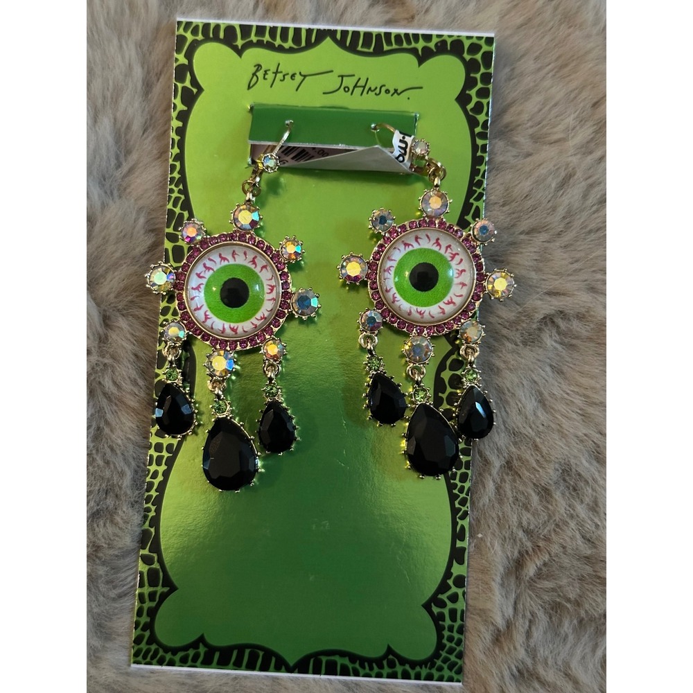 Betsey Johnson Halloween Eyeball Drop Earrings Gold Tone Crystal Spooky Jewelry